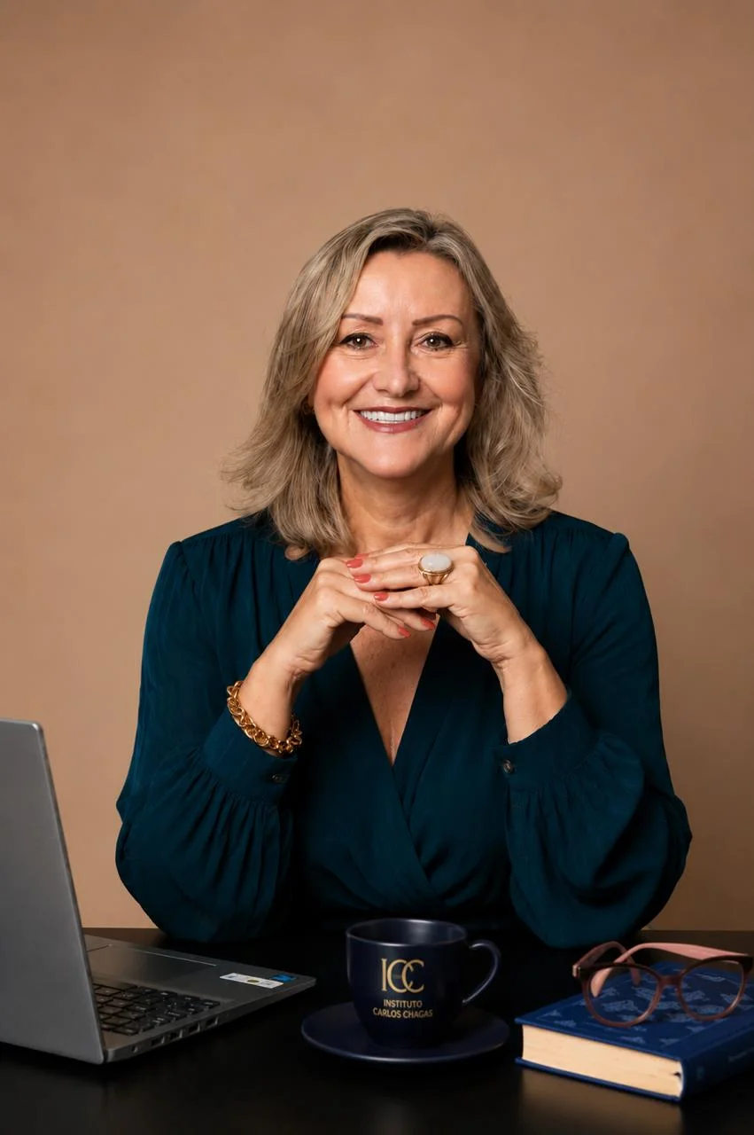 Dra. Vera Garcia da Silva sentada à mesa, com blazer azul